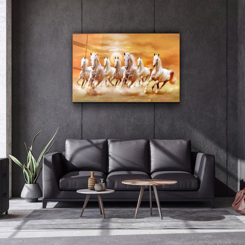 Lucky 7 Running Horses Glass Printing Wall Art - Tempered Glass Wall Art-Home Decoration-Interior Design Ideas-Perfect Gift For Your Lovers